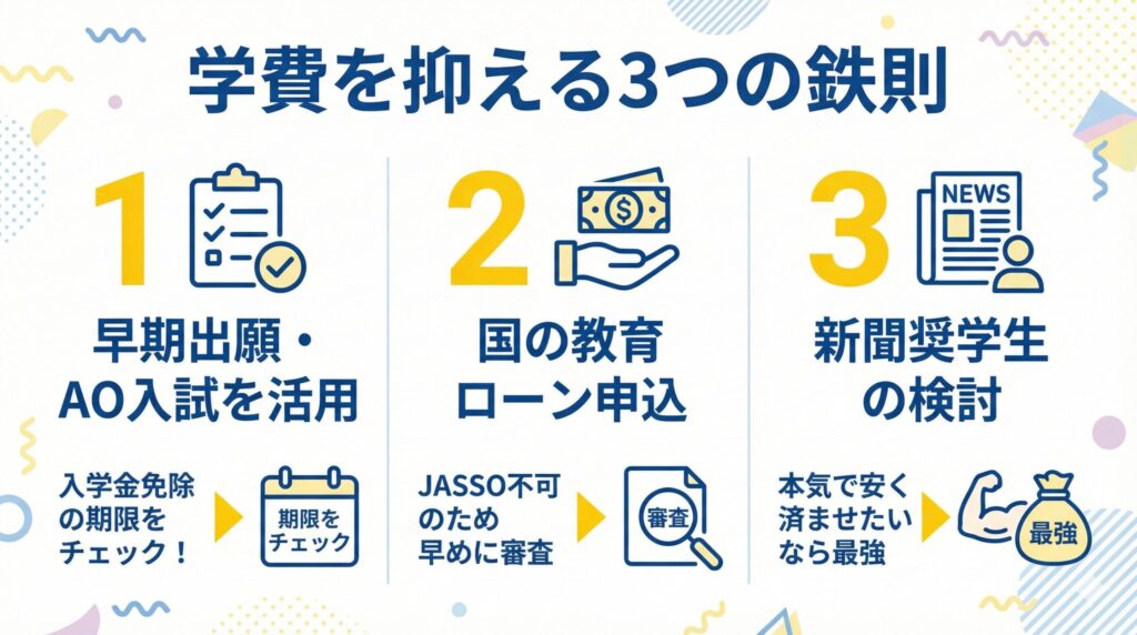 バンタンゲームアカデミーの学費を抑える3つの手順まとめ。1. 早期出願・AO入試活用で入学金免除を狙う、2. 国の教育ローンの早めの申込、3. 新聞奨学生制度の検討。