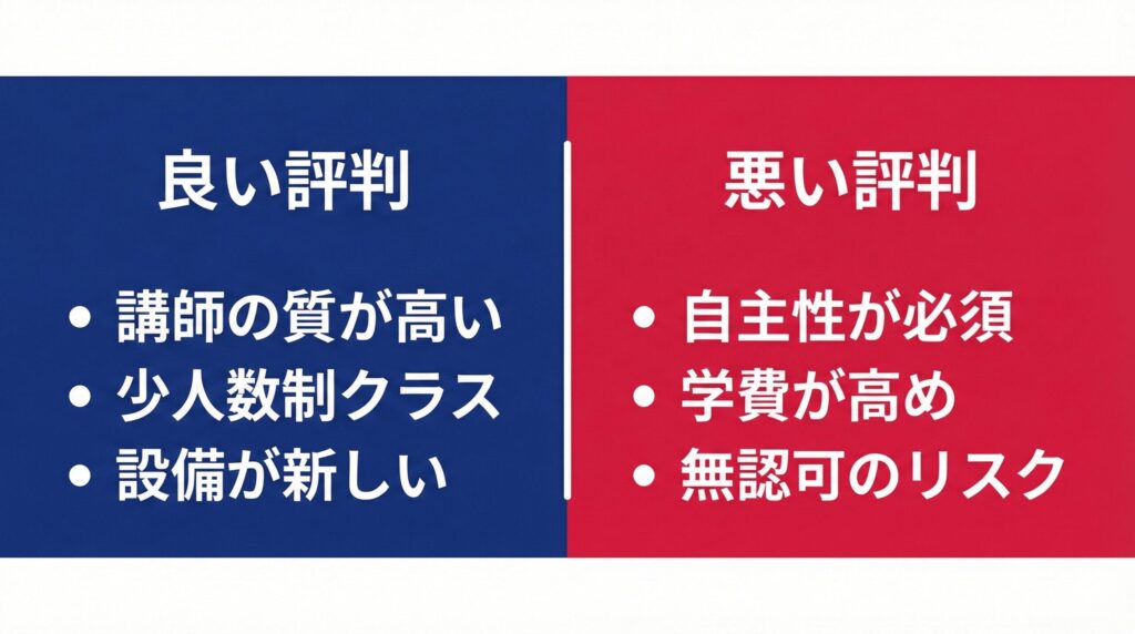 KADOKAWAアニメ声優アカデミーの評判比較図。左側に良い点（講師の質、少人数制、新設備）、右側に注意点（自主性必須、学費の高さ、無認可校のリスク）を対比して表示。