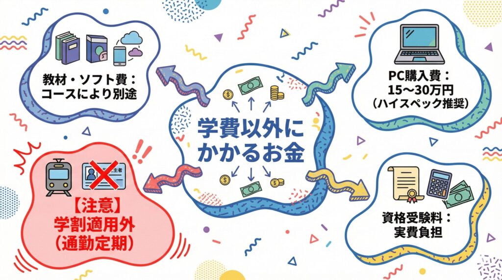 学費以外にかかる費用一覧図解。PC購入費15〜30万円、通学定期は学割適用外(通勤定期扱い)となる点に注意。