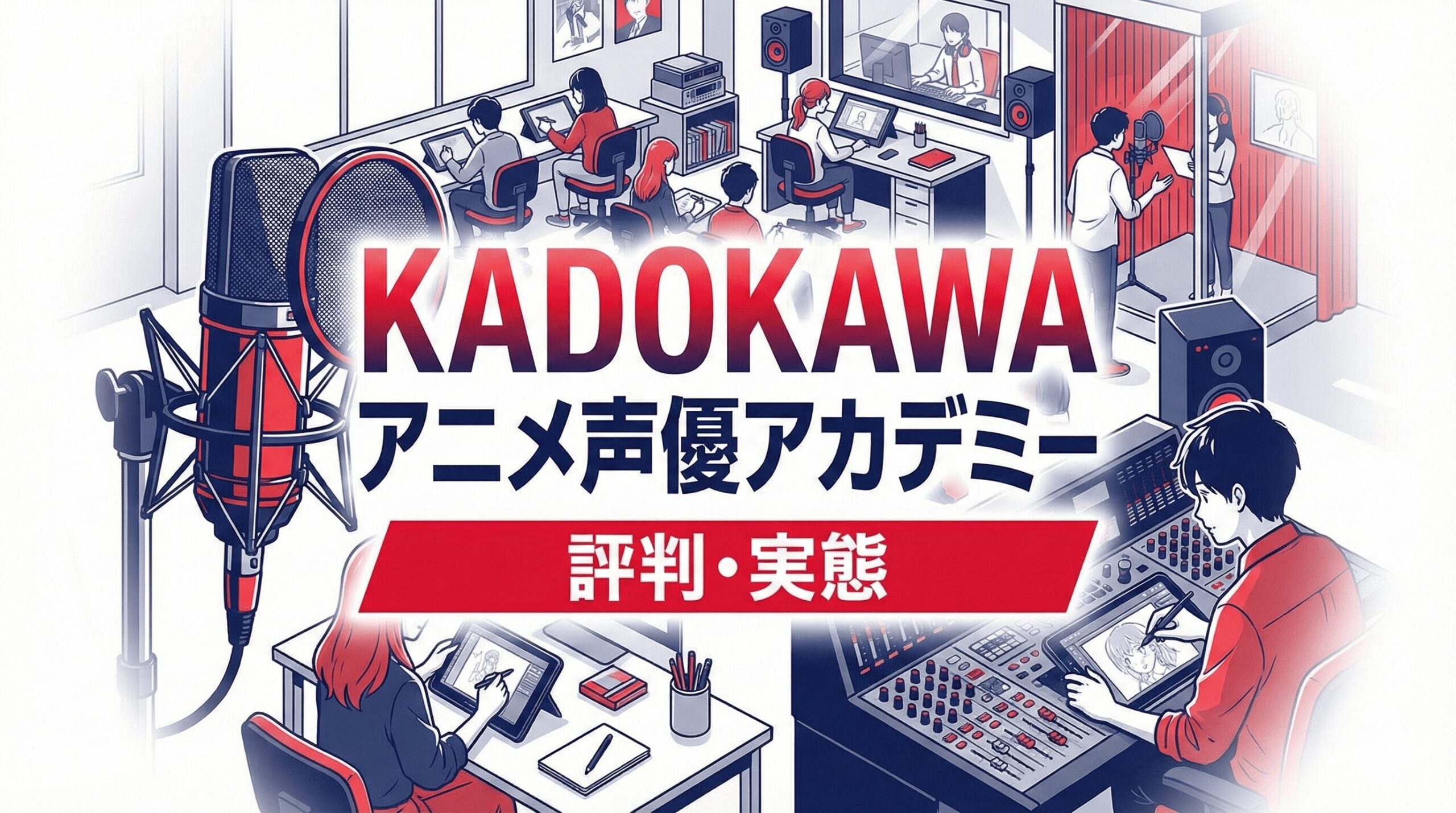 KADOKAWAアニメ声優アカデミーの評判と実態を解説する記事のアイキャッチ画像。スタジオマイクと台本が描かれ、ネイビーと赤を基調としたデザイン。