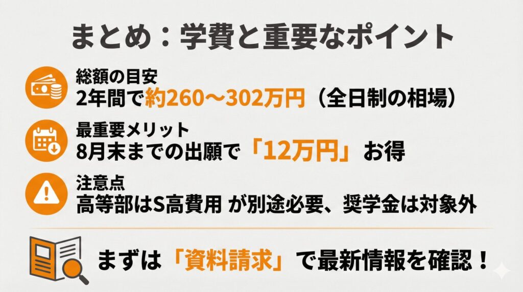 KADOKAWAアニメ声優アカデミーの学費に関する重要ポイント（総額・免除制度・高等部の注意点）のまとめ図