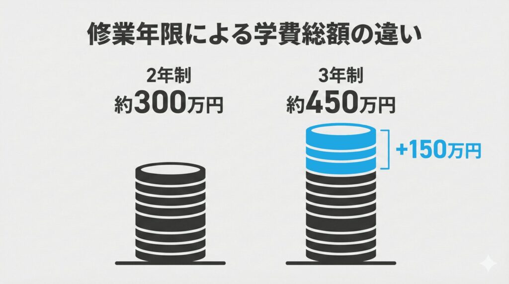バンタンデザイン研究所の2年制（約300万円）と3年制（約450万円）の学費総額を比較するグラフ
