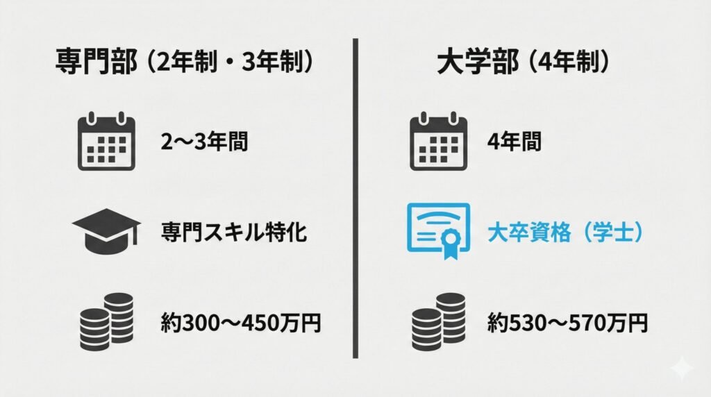 バンタンの専門部（2-3年制・実務重視）と大学部（4年制・大卒資格あり）の期間と費用を比較した図