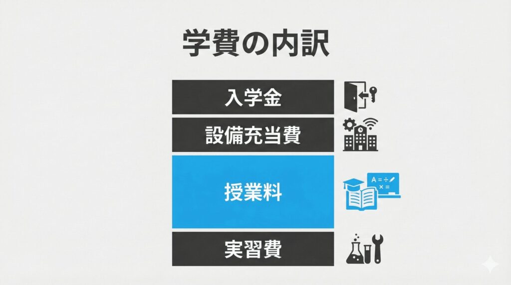 バンタンデザイン研究所の学費内訳（入学金、設備費、授業料、実習費）を示す構成図