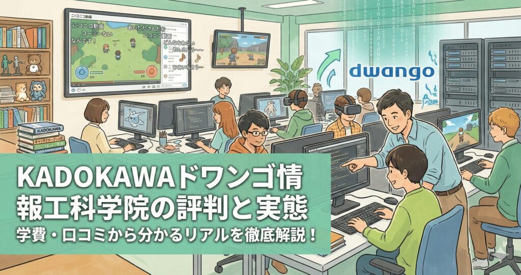 KADOKAWAドワンゴ情報工科学院の活気あるキャンパス風景と記事タイトル