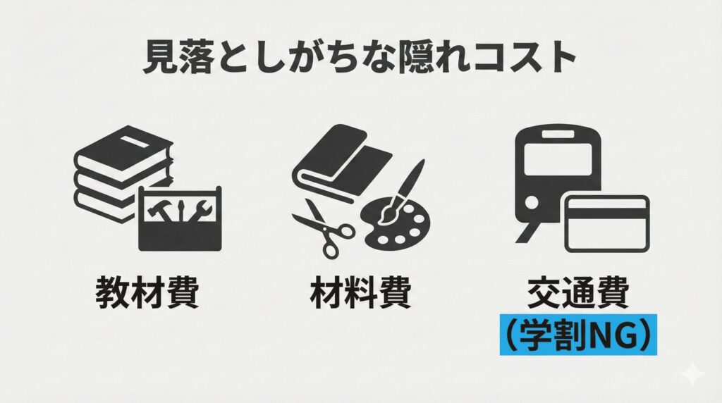 見落としがちな3つの隠れコスト（教材費、材料費、交通費）を示す警告リスト