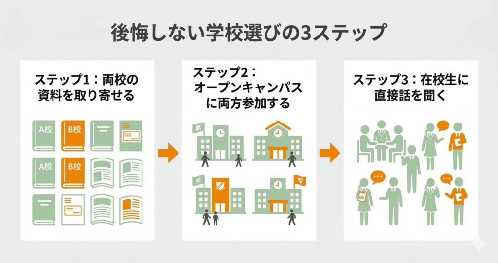 後悔しない学校選びのための3ステップ(資料請求、オープンキャンパス、在校生の声)を示すフローチャート