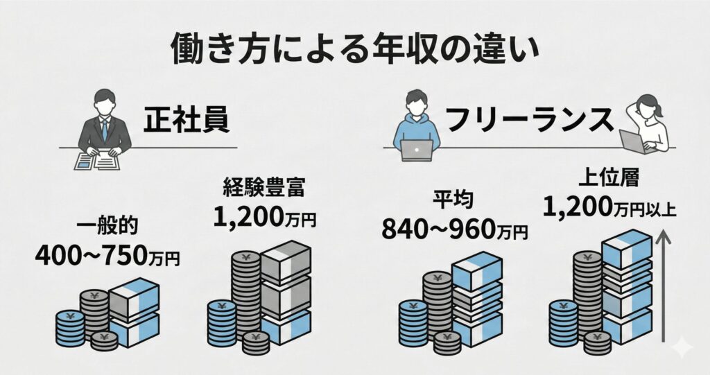 ほワイトハッカーの正社員とフリーランスの年収相場を比較した図