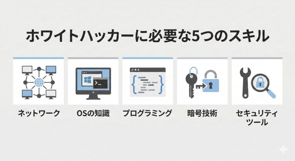 ホワイトハッカーになるために必要な5つの知識とスキル分野を示す図