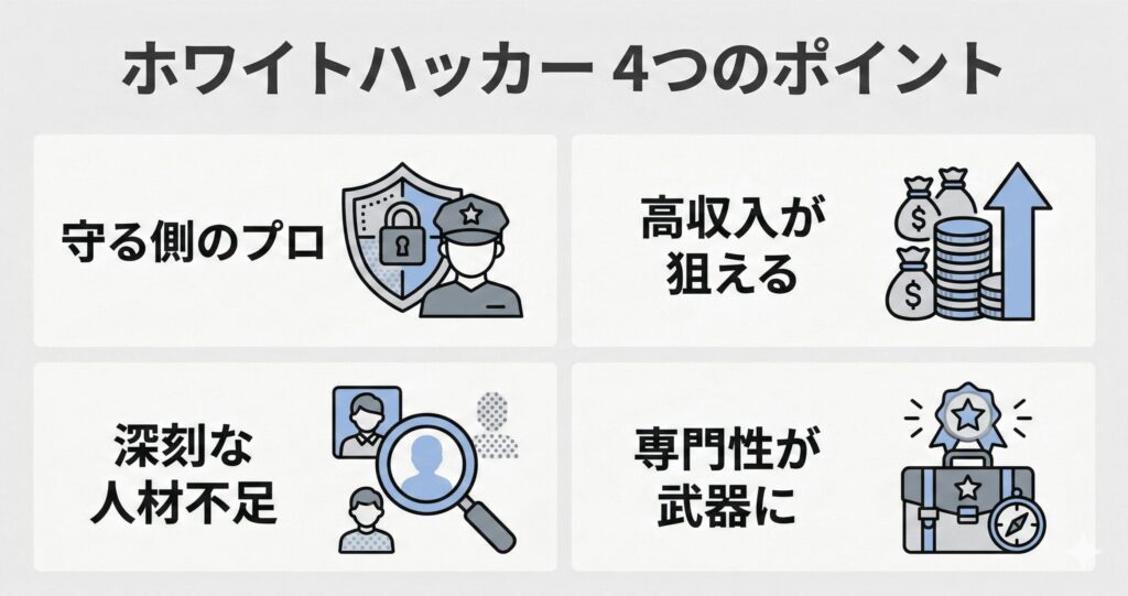ホワイトハッカーの特徴や魅力をまとめた4つのポイントを示す図