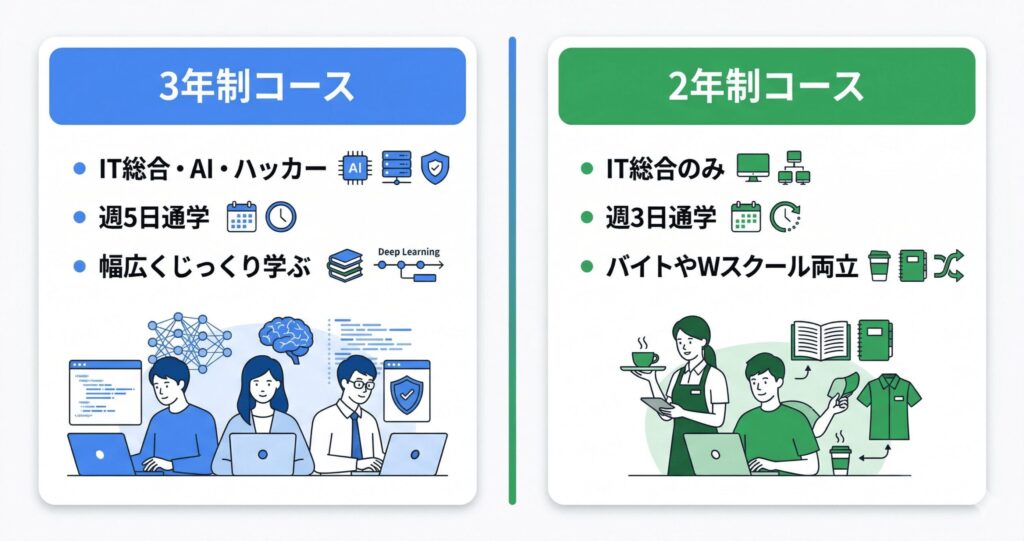 3年制コースと2年制コースの特徴を比較した図