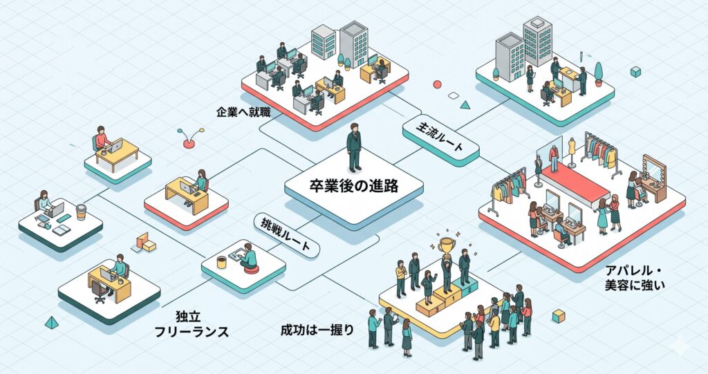 卒業生の主な進路である就職と独立の2ルートを示す分岐図