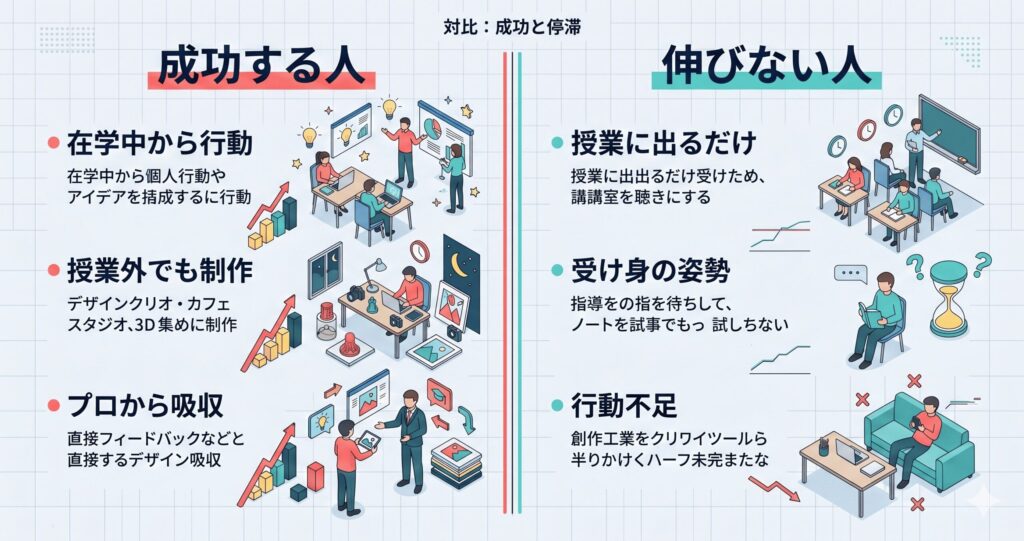 卒業後に成功する人と伸びない人の在学中の行動の違いを示す対比図