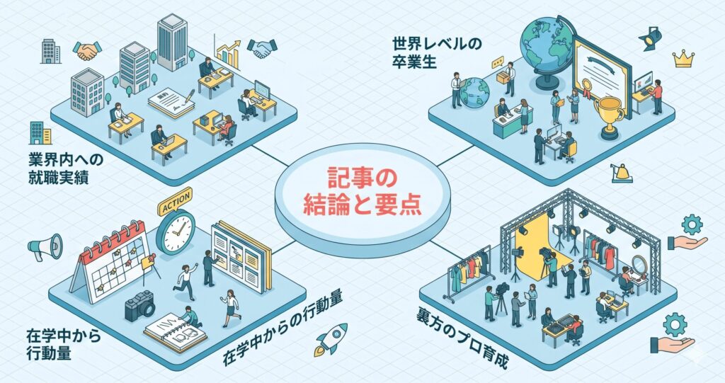 記事の要点である卒業生の実績、裏方の役割、就職、成功の秘訣をまとめた図解
