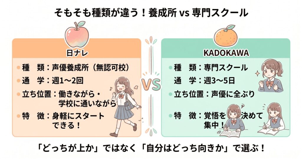 声優養成所と専門スクールの根本的な種類の違いを示す図解