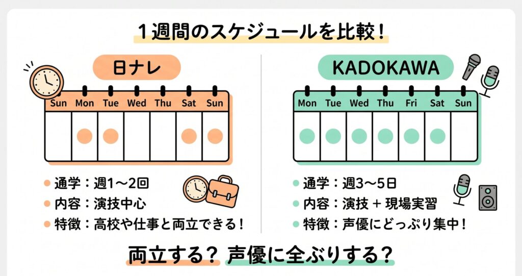 日ナレとKADOKAWAの通学頻度とカリキュラムの比較図