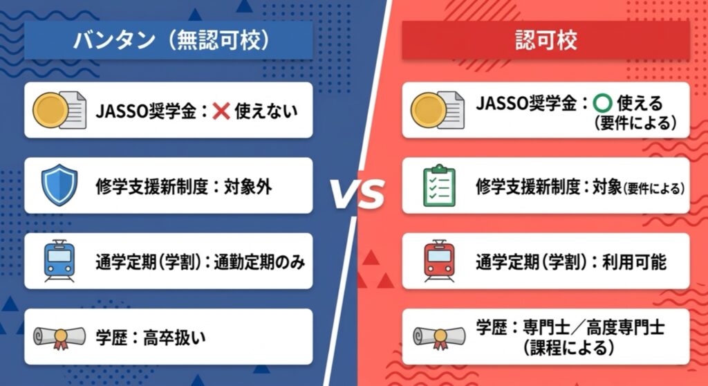 無認可校のバンタンと認可校の違いを整理した図。認可校はJASSO奨学金や修学支援新制度が利用でき、バンタンは対象外。