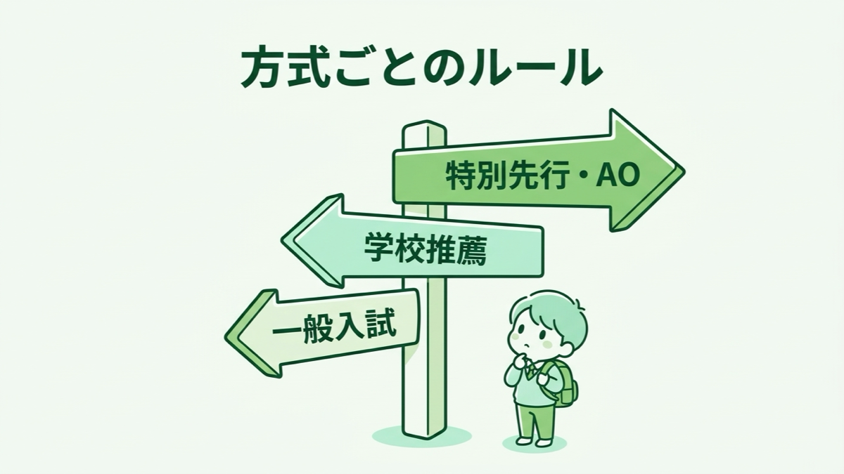 バンタンクリエイターアカデミーの入試、特別先行・AO、学校推薦、一般入試の方式ごとのルールの図解