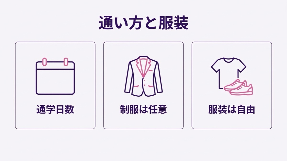 バンタンの高校の通学日数と制服の図解