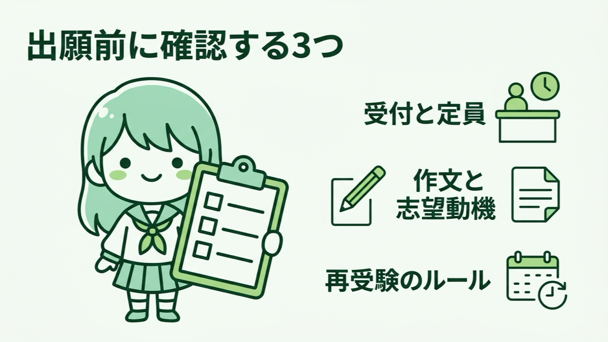 バンタンクリエイターアカデミーの入試、出願前に確認する受付と定員・作文と志望動機・再受験のルールの図解