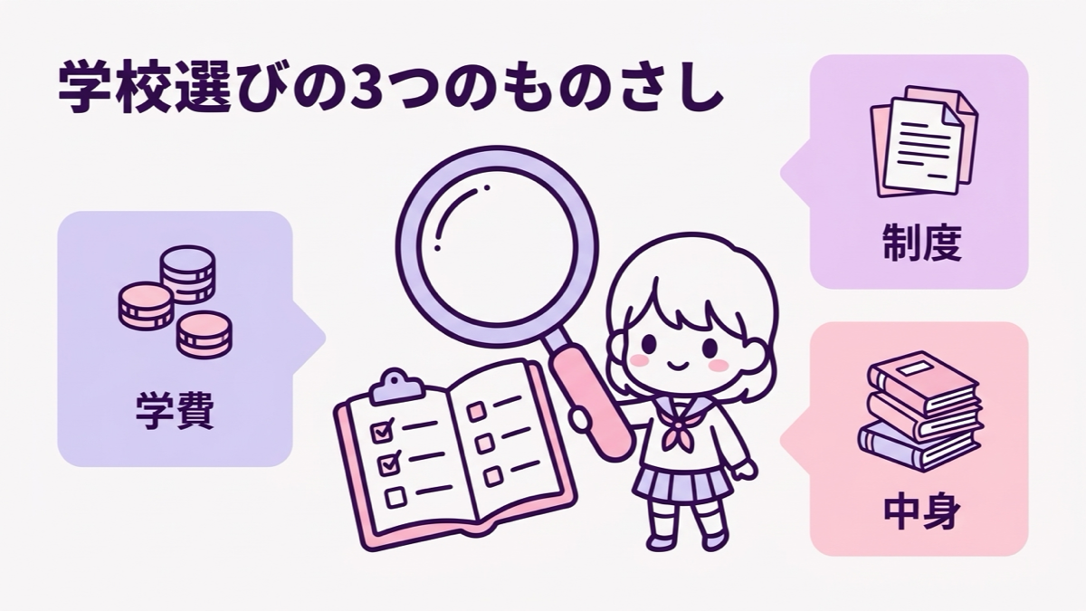 VTuber専門学校選びの3つのものさし、学費・制度・中身の図解