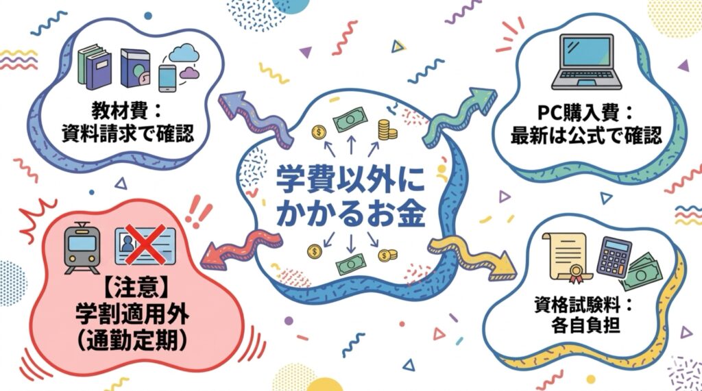 学費以外にかかる費用の一覧図。教材費は別途、通学定期は学割適用外（通勤定期扱い）となる点に注意。