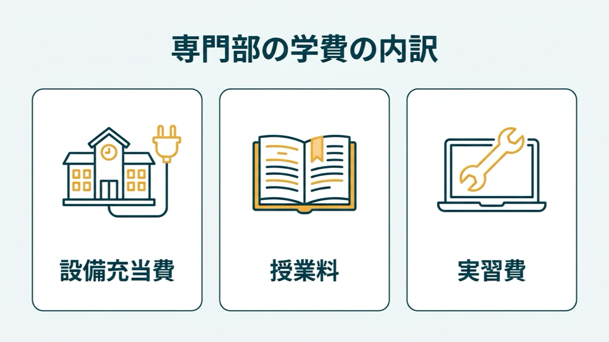 専門部の学費の内訳（設備充当費・授業料・実習費）を示す図解