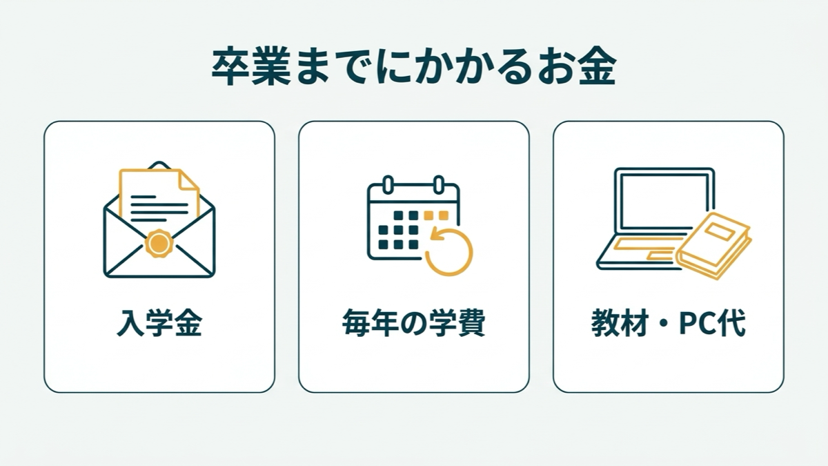 卒業までにかかるお金を入学金・毎年の学費・教材とPC代に分けた図解