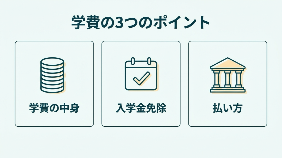 学費のポイント（学費の中身・入学金免除・払い方）を示す図解