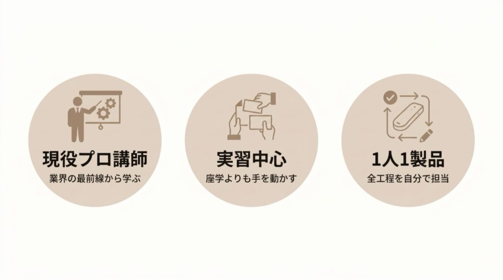 レコールバンタンの特徴（現役プロ講師・実習中心・1人1製品）をまとめた図