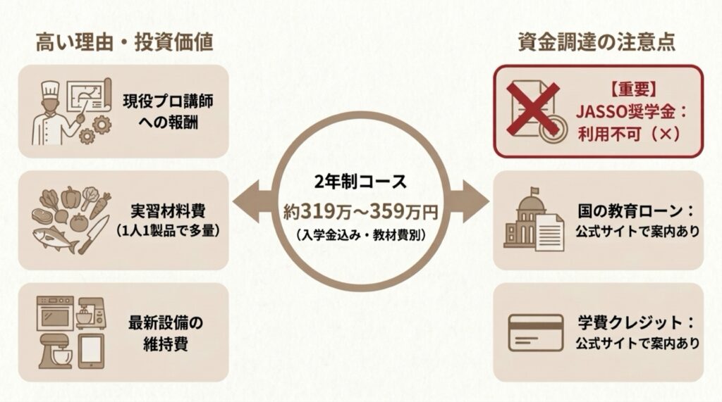 レコールバンタンの学費が高い理由と資金調達の注意点を示した図