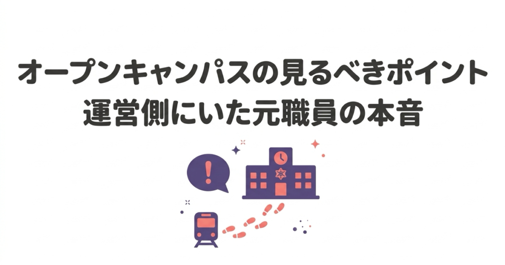 オープンキャンパスの見るべきポイントを、校舎と足あと、吹き出し、電車のアイコンで表した元職員の解説記事のアイキャッチ画像