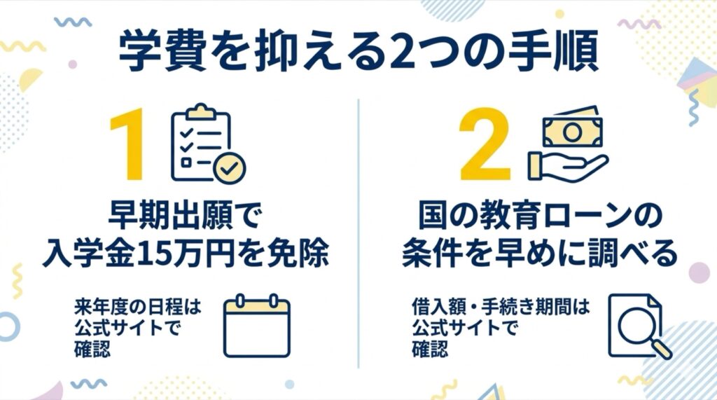バンタンゲームアカデミーの学費を抑える2つの手順。1. 早期出願で入学金15万円の免除を狙う（来年度の日程は公式で確認）、2. 国の教育ローンの条件を早めに調べる。