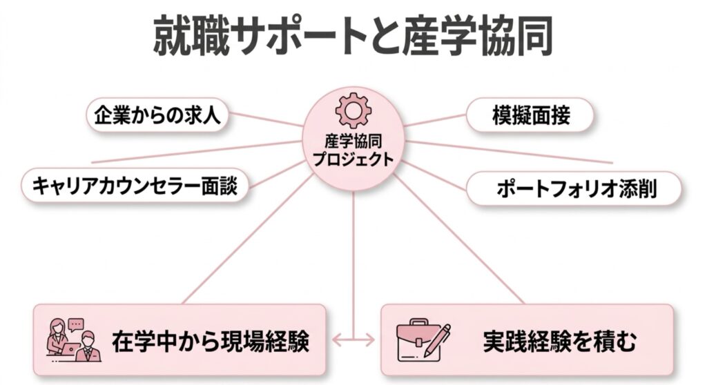 バンタンデザイン研究所の就職サポートと産学協同プロジェクトの内容を示す図